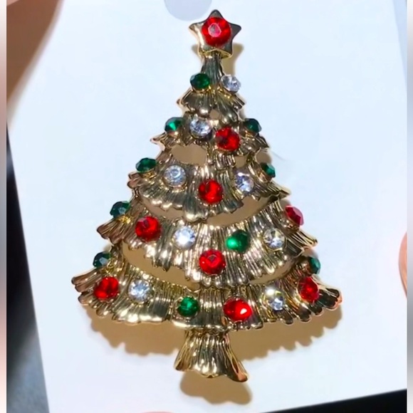 Christmas Tree Gold Crystal Brooch - Picture 1 of 4